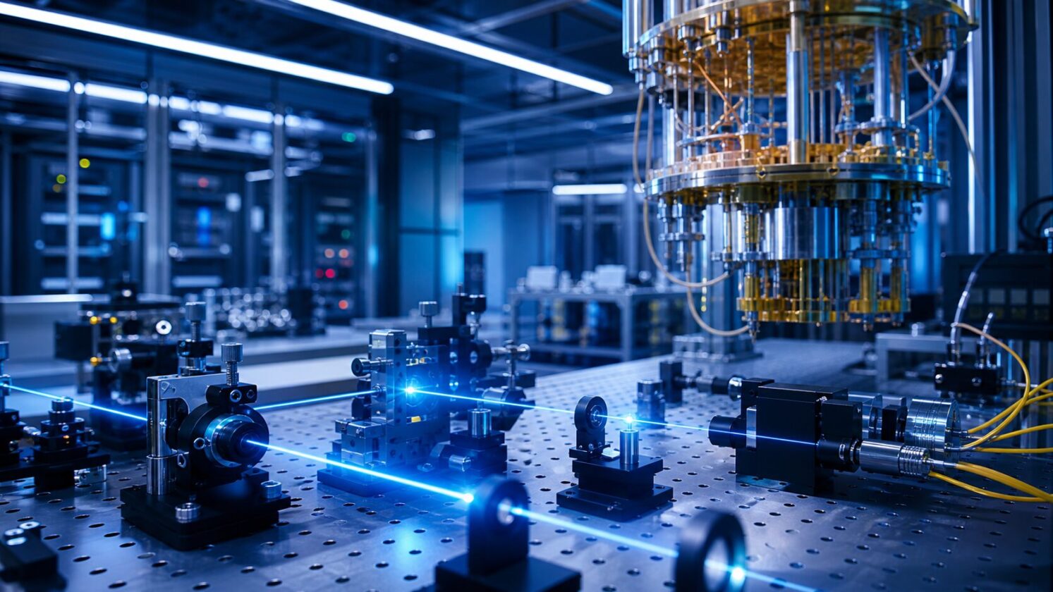 Imagem editorial gerada para a pauta: MIT Technology Review detalha plano da PsiQuantum para computador quântico de larga escala
