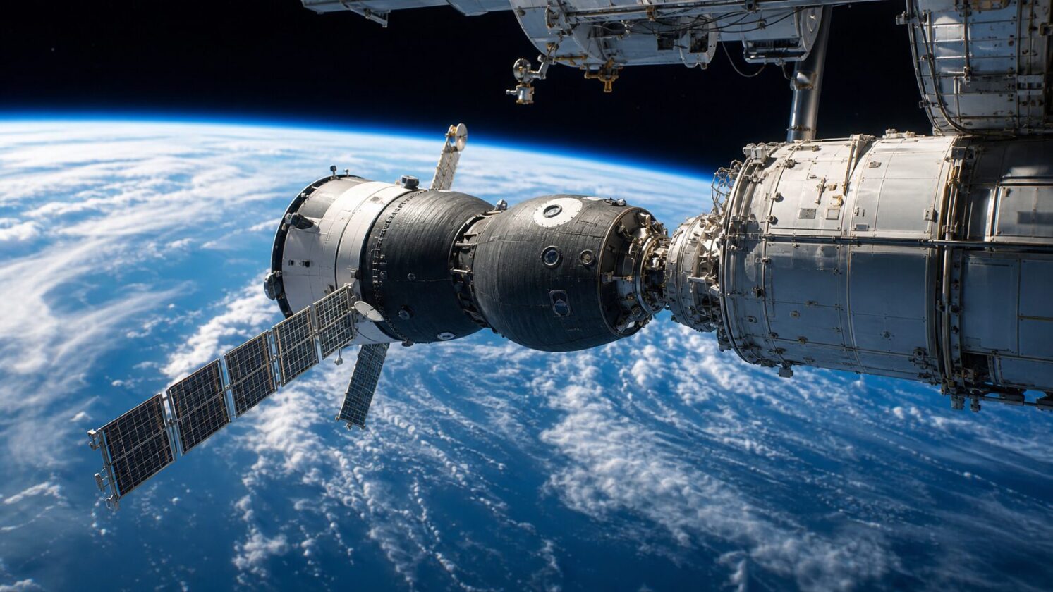 Imagem editorial gerada para a pauta: NASA confirma acoplamento da Soyuz MS-29 à Estação Espacial Internacional