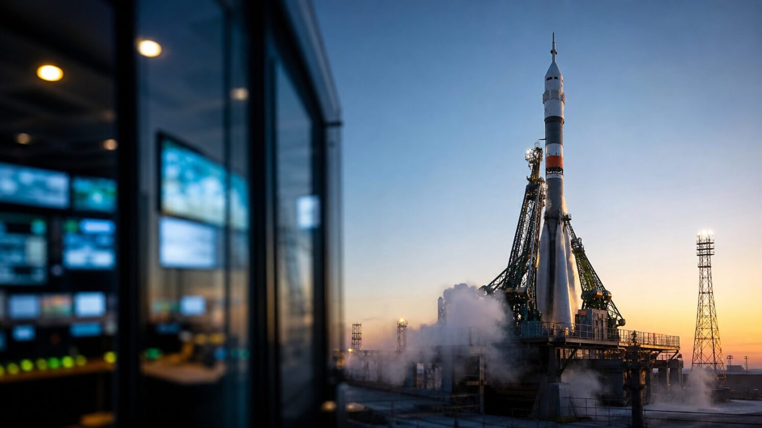 Imagem editorial gerada para a pauta: NASA inicia cobertura ao vivo do lançamento da Soyuz MS-29 rumo à ISS