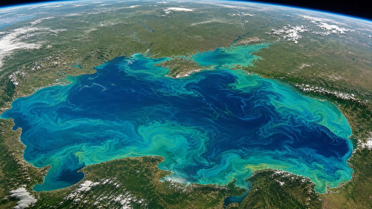 Imagem editorial para a matéria: NASA mostra Mar Negro em tom turquesa durante floração anual de fitoplâncton