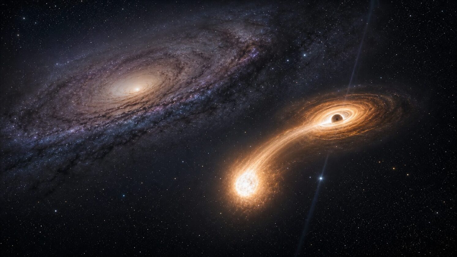 Imagem editorial para a matéria: NASA registra buraco negro errante destruindo estrela fora do centro de uma galáxia