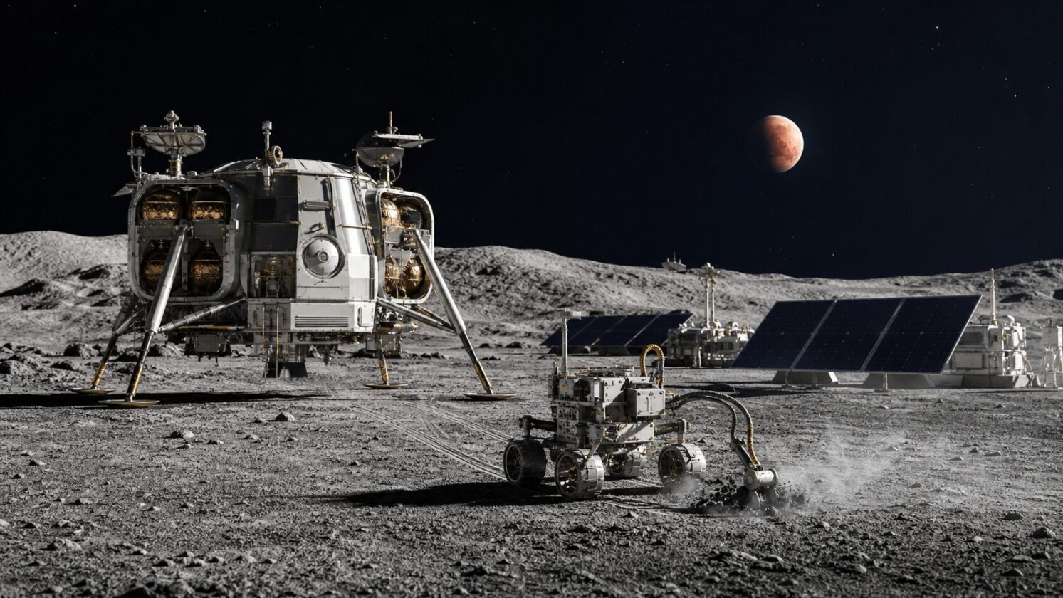 Imagem editorial gerada para a pauta: NASA seleciona 41 tecnologias comerciais para futuras missões à Lua e Marte
