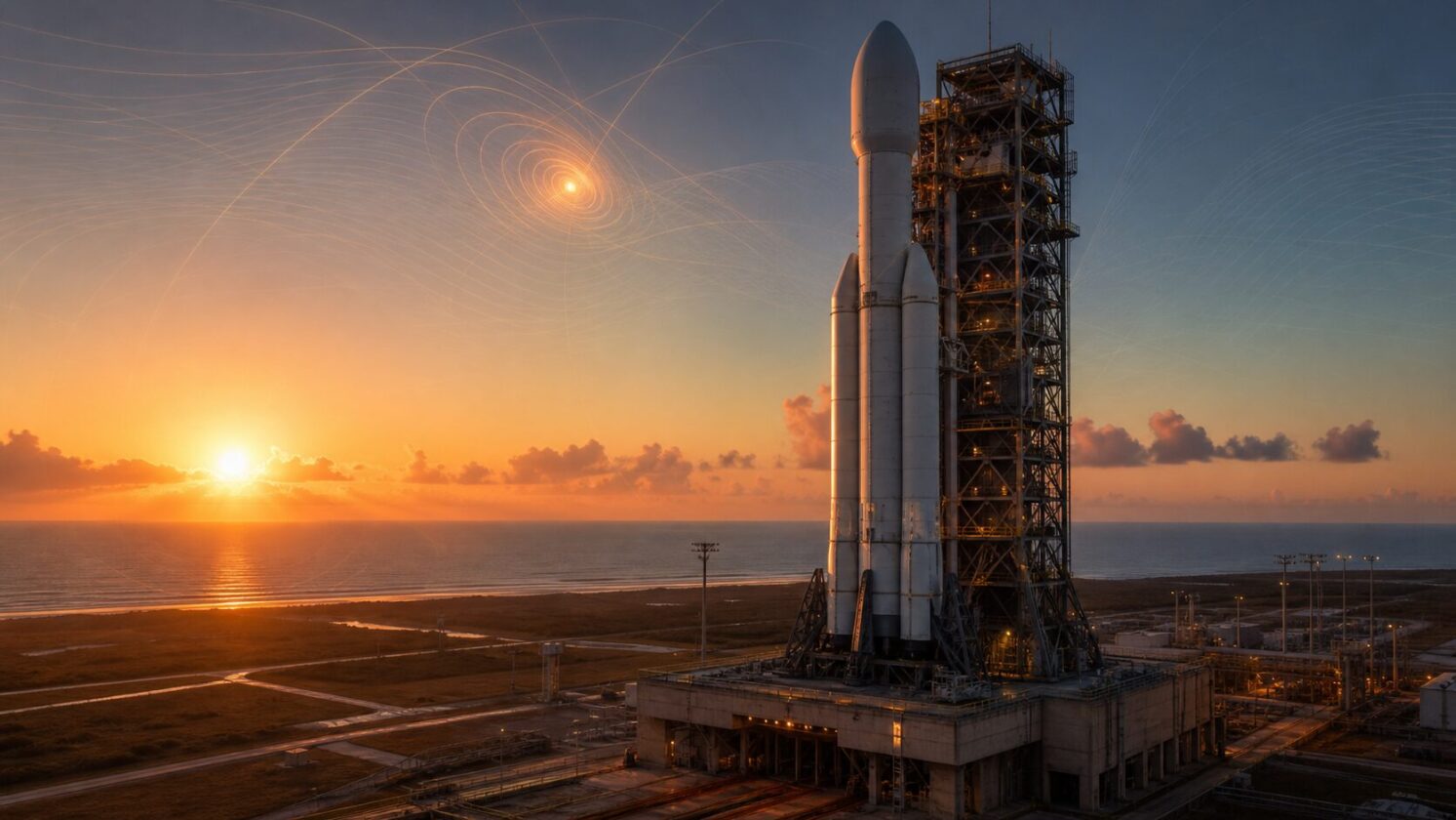 Imagem editorial gerada para a pauta: NASA troca lançamento da missão SunRISE para foguete Falcon Heavy da SpaceX