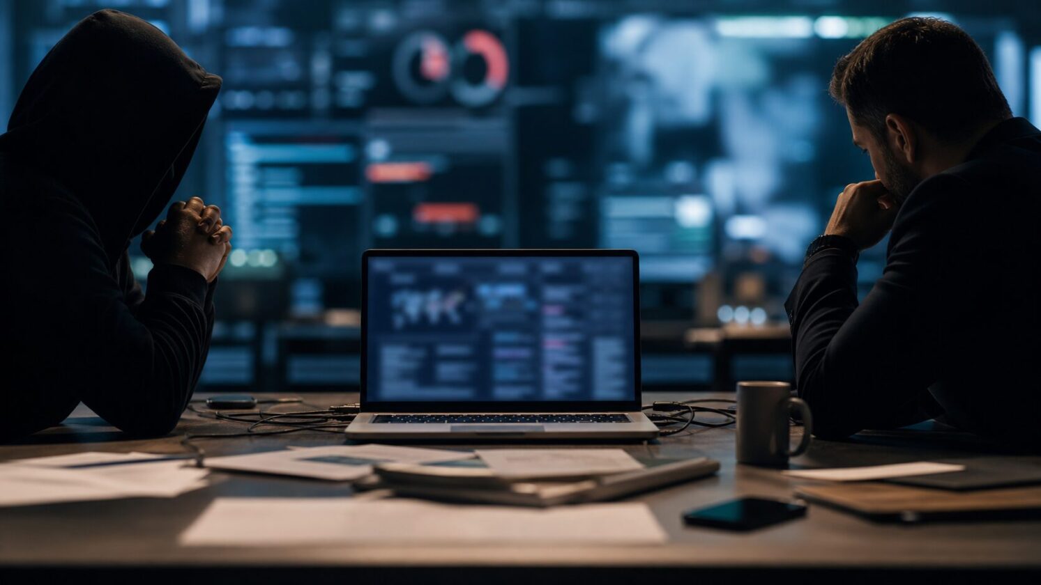 Imagem editorial gerada para a pauta: Negociador de ransomware contratado por vítimas trabalhava para os próprios criminosos, diz Ars