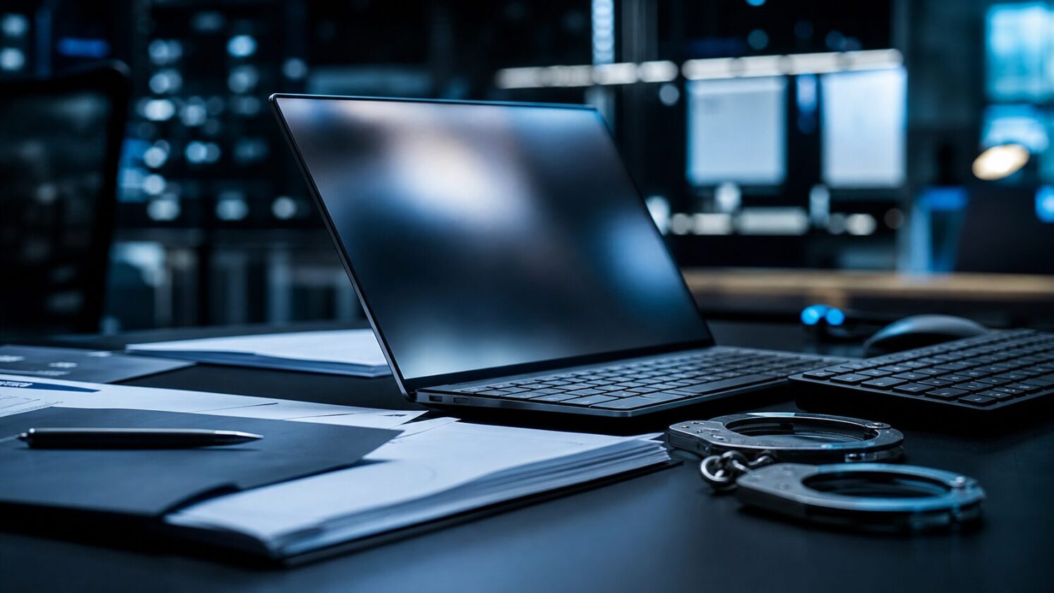 Imagem editorial gerada para a pauta: Negociador de ransomware é condenado após colaborar com atacantes para enganar vítimas