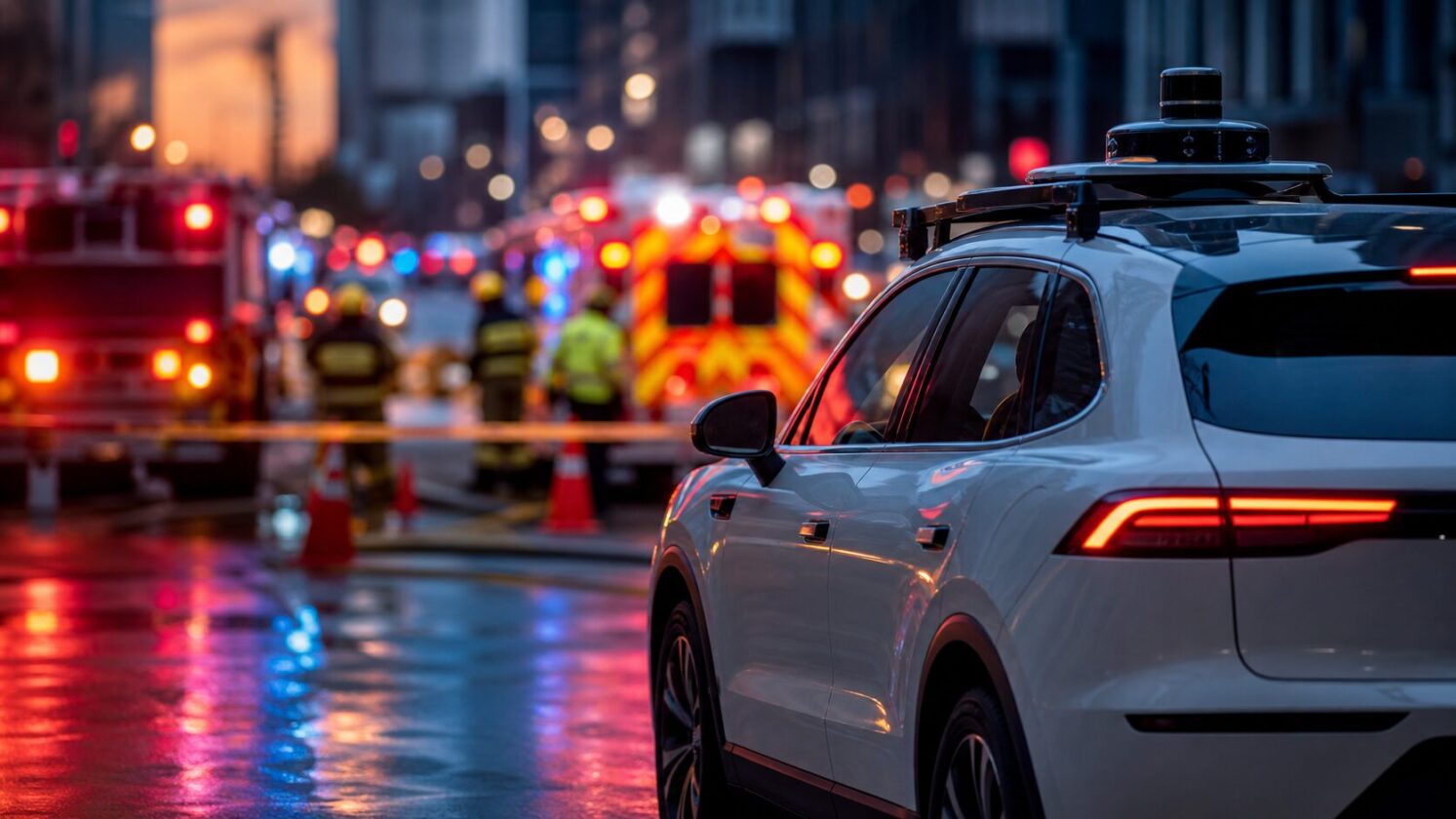 Imagem editorial gerada para a pauta: NHTSA cobra empresas de veículos autônomos após interferências com equipes de emergência
