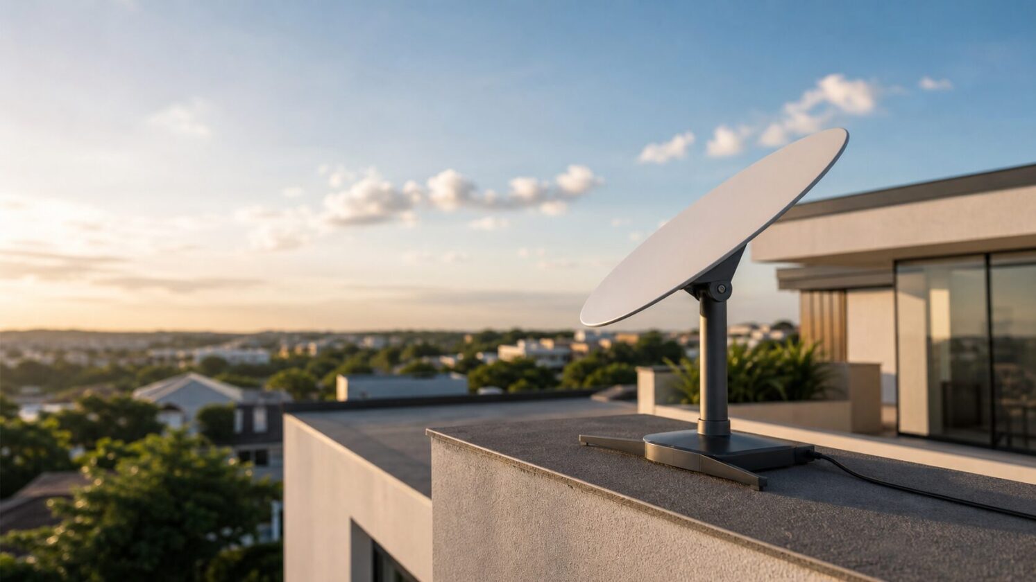 Imagem editorial gerada para a pauta: Nova antena residencial Starlink V5 chega menor, mais leve e mais eficiente