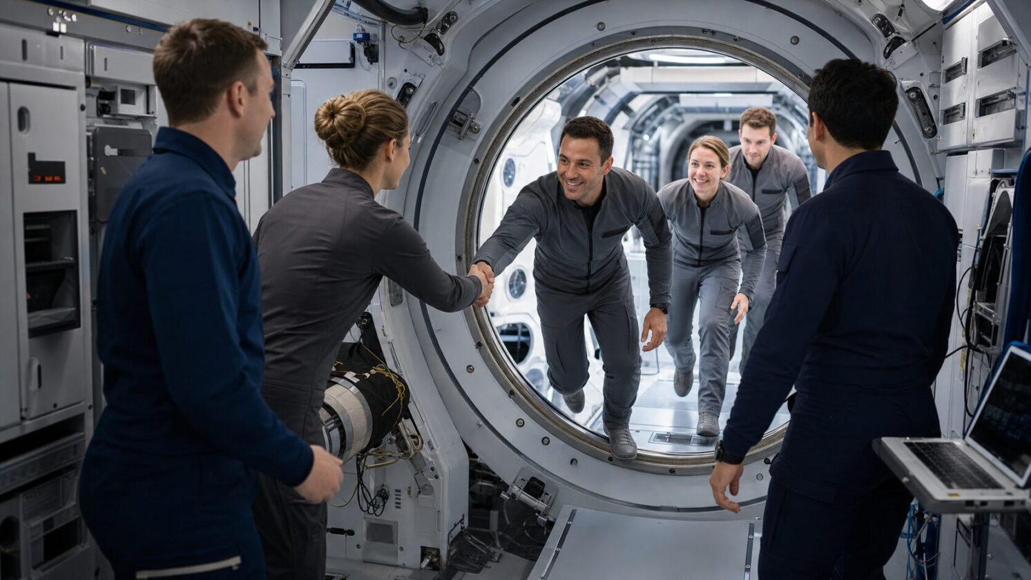 Imagem editorial gerada para a pauta: Nova tripulação entra na Estação Espacial e se junta à Expedição 74