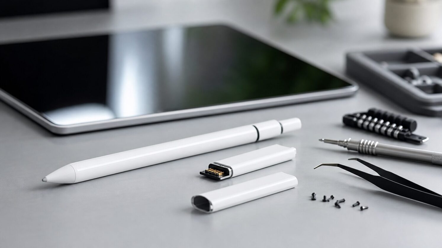 Imagem editorial gerada para a pauta: Novos Apple Pencil poderiam ter bateria mais fácil de trocar para cumprir regra da União Europeia