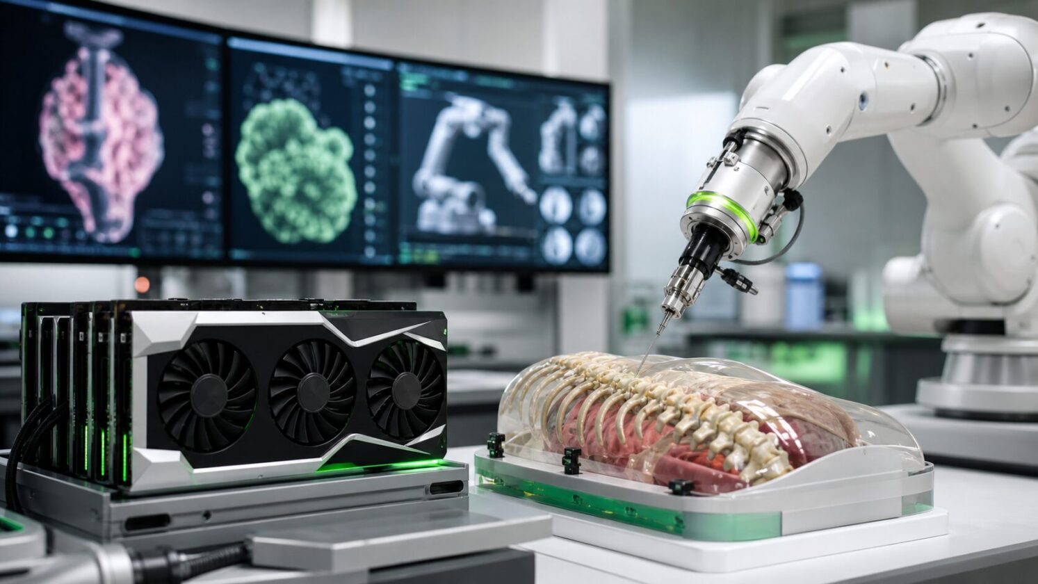 Imagem editorial para a matéria: NVIDIA lança framework open source para simulação de física médica com aceleração por GPU