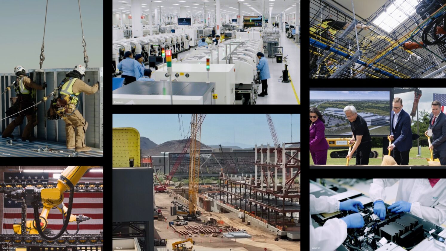 Ilustração sobre infraestrutura de IA fabricada nos Estados Unidos por NVIDIA e parceiros