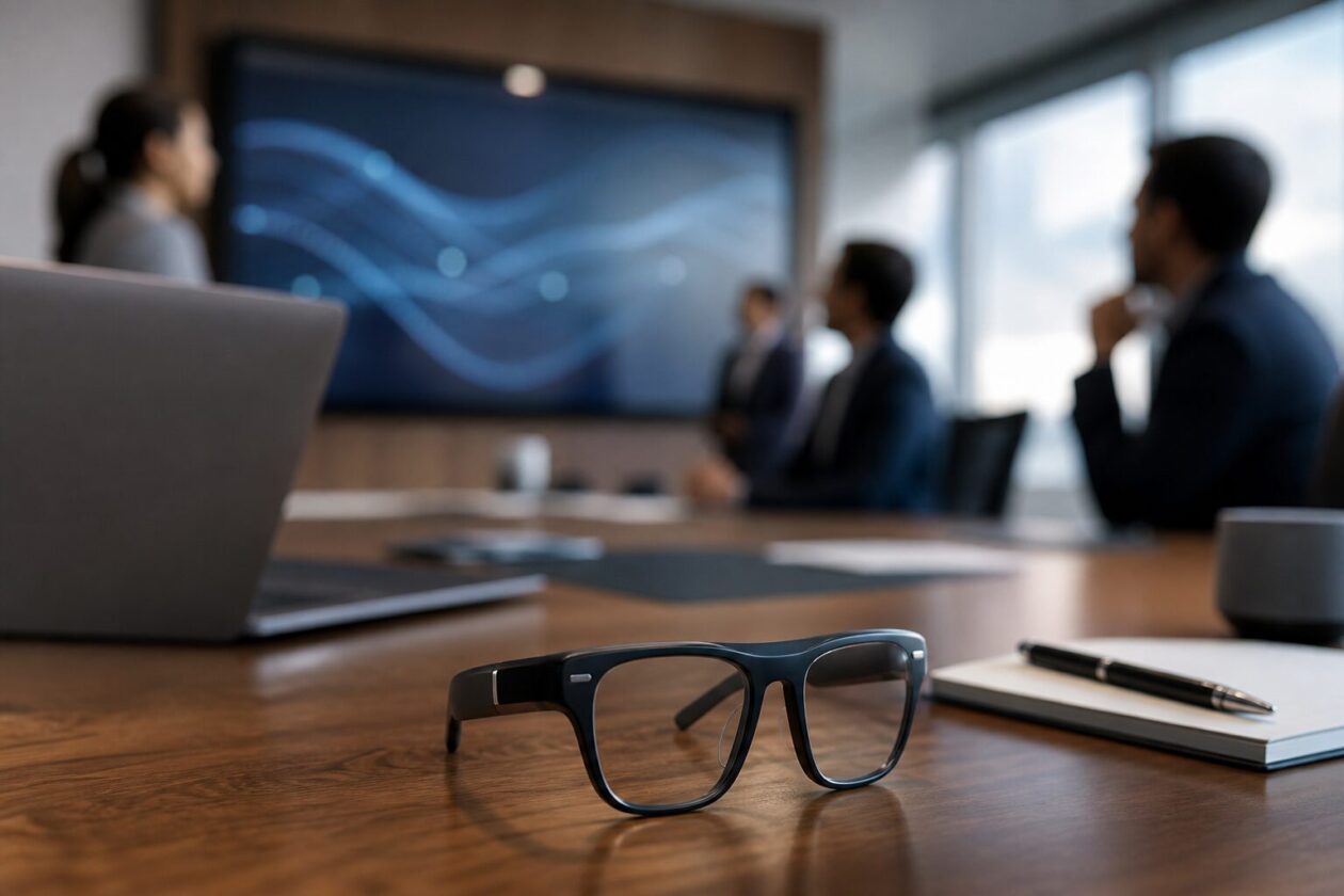 Imagem editorial gerada para a pauta: Óculos inteligentes sem câmera apostam em produtividade e menos preocupação com privacidade