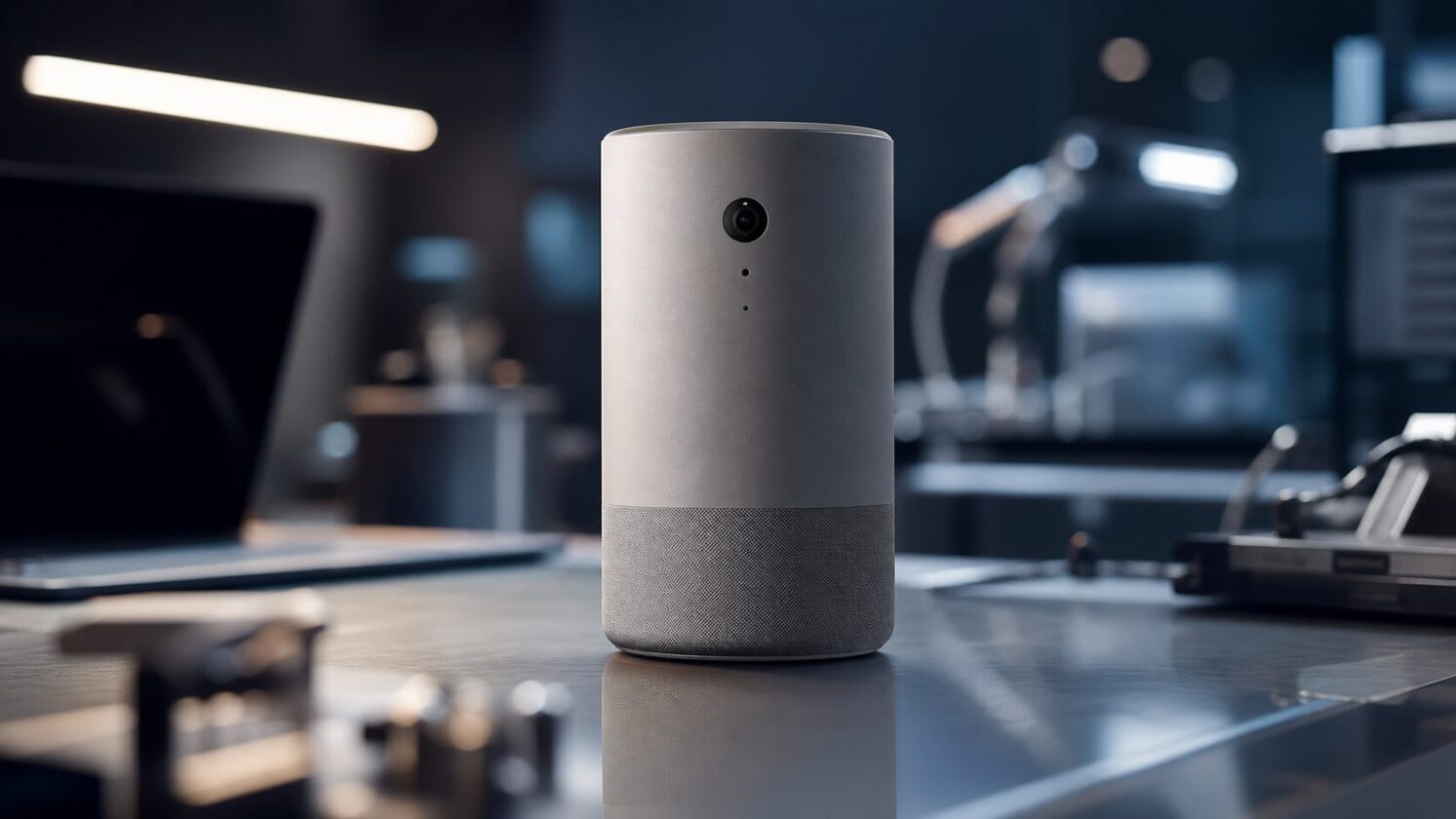 Imagem editorial gerada para a pauta: OpenAI pode estrear hardware com speaker inteligente sem tela, diz Bloomberg