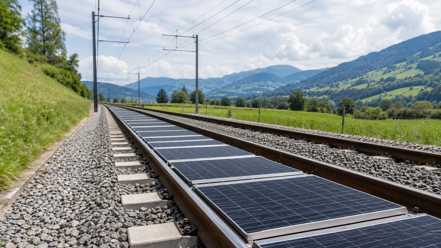 Imagem editorial gerada para a pauta: Painéis solares instalados entre trilhos seguem funcionando após um ano na Suíça