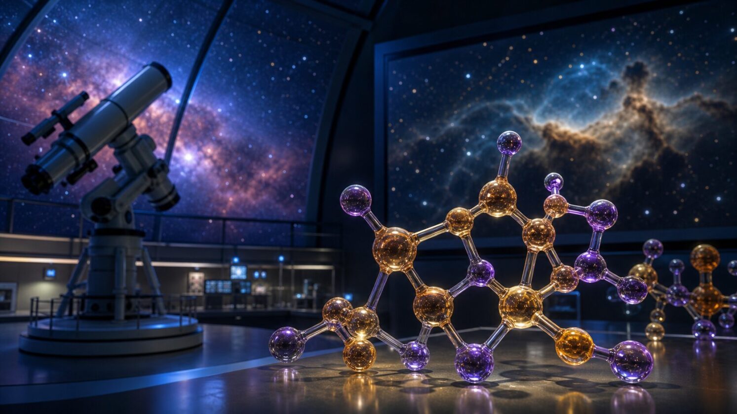 Imagem editorial para a matéria: Pesquisadores relatam identificação de molécula de açúcar no espaço profundo