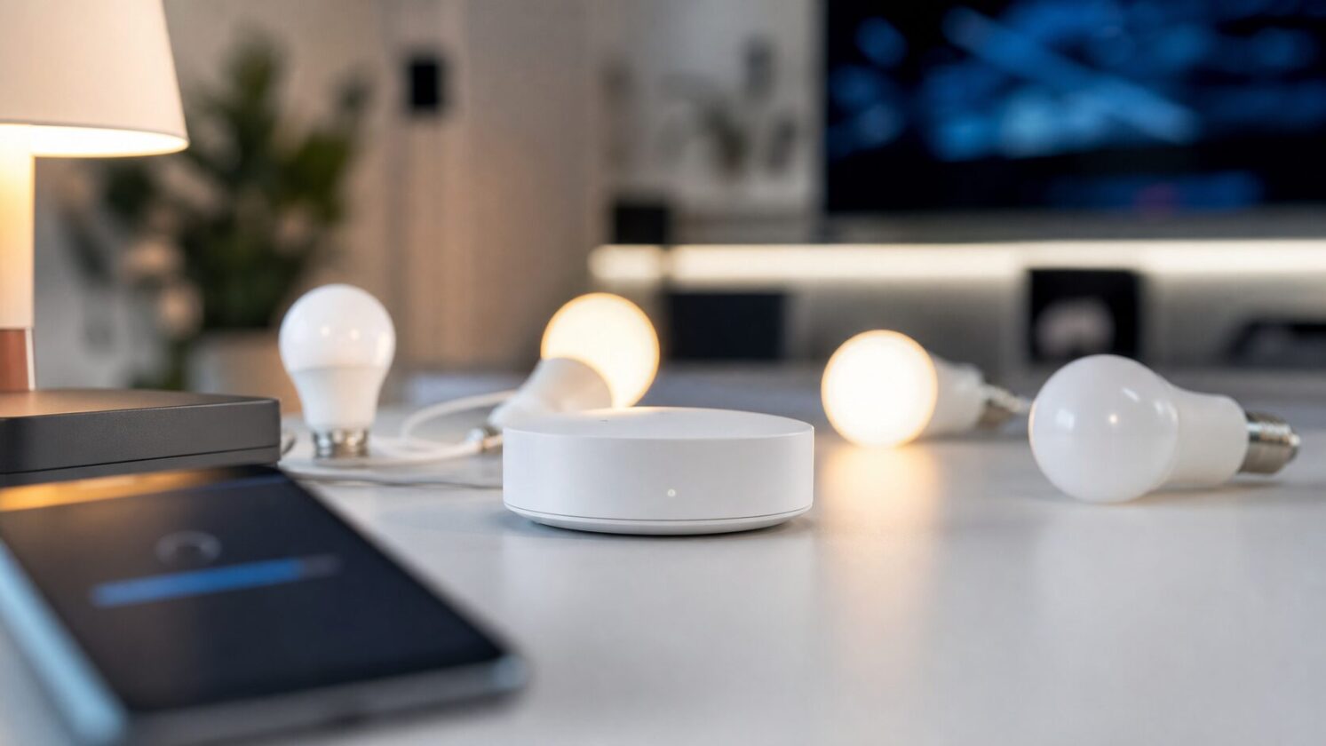 Imagem editorial gerada para a pauta: Philips promete substituições grátis após atualização inutilizar hubs de iluminação inteligente