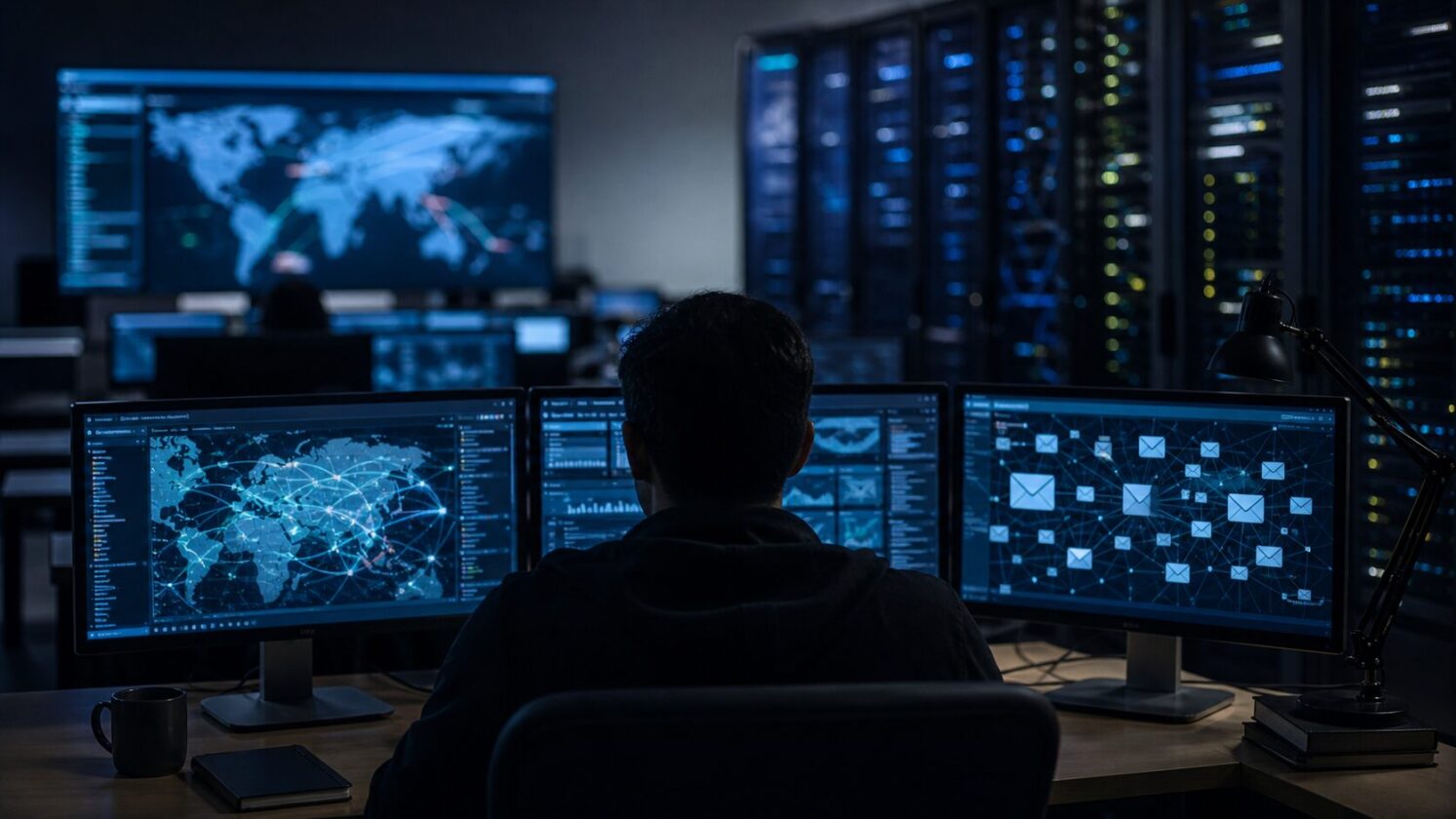 Imagem editorial gerada para a pauta: Proofpoint liga ataques a servidores Roundcube de universidades a espionagem chinesa suspeita