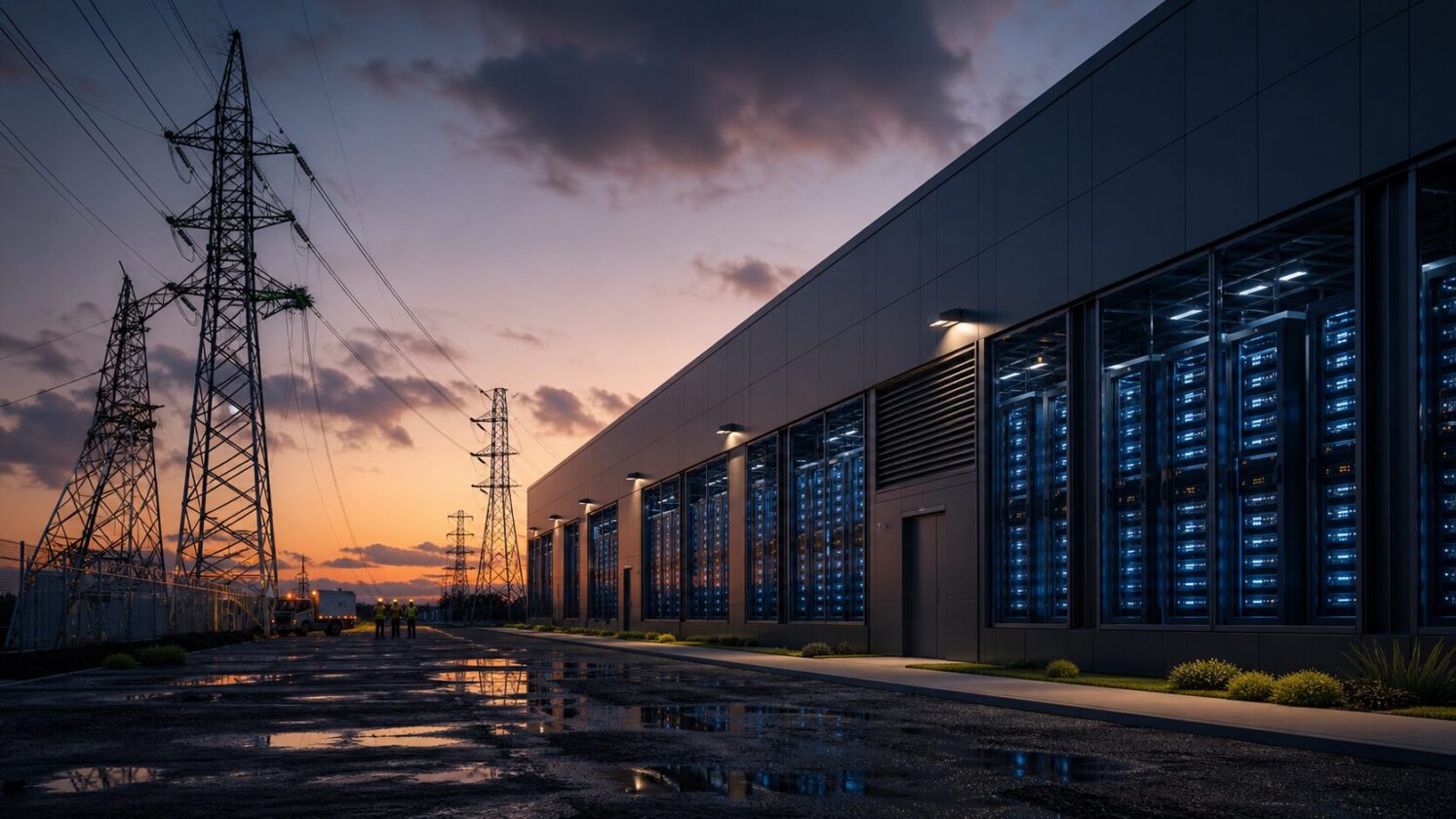 Imagem editorial para a matéria: Queda de linha de energia expõe fragilidade de data centers de IA diante da rede elétrica