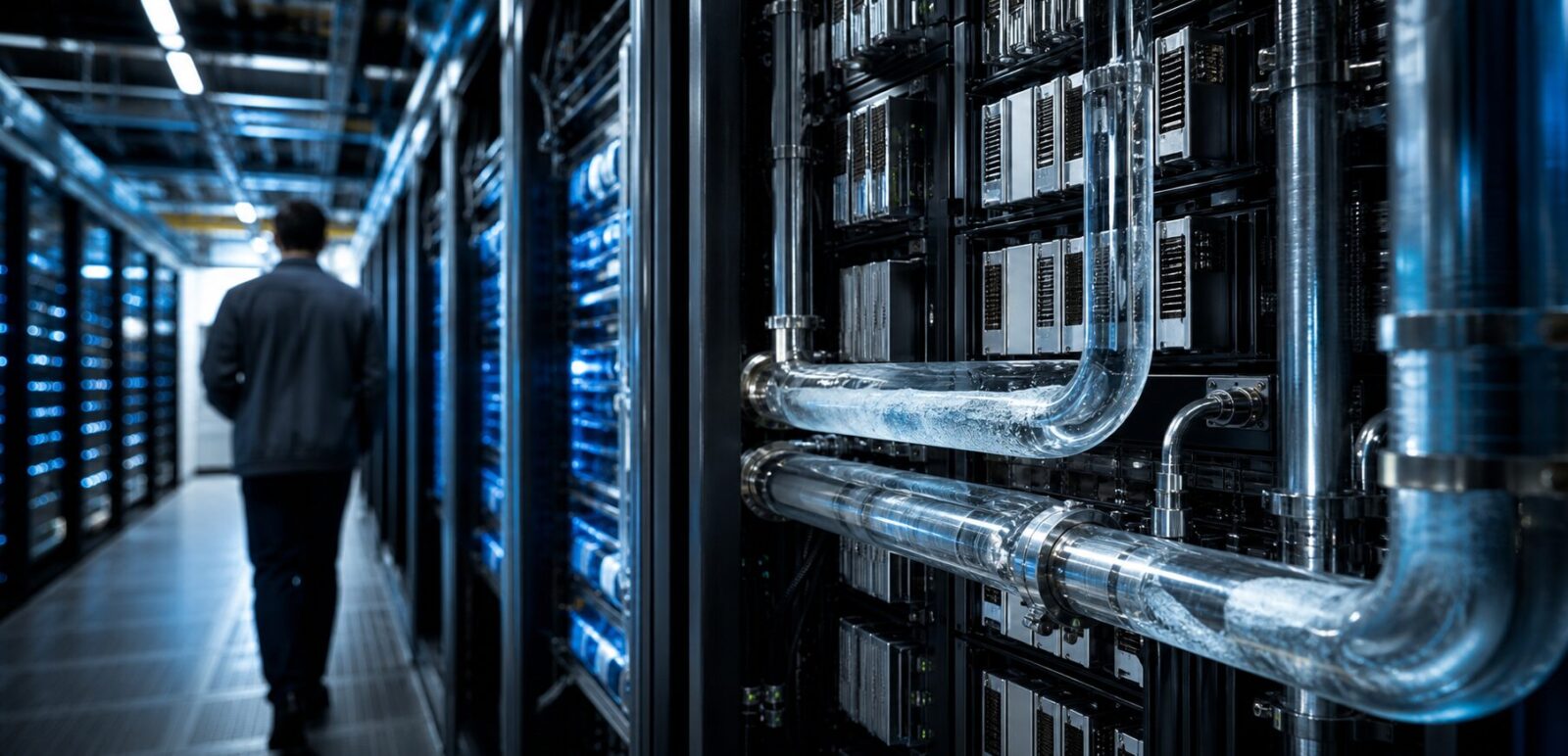 Imagem editorial para a matéria: Refrigeração bifásica surge como alternativa para reduzir calor de GPUs de IA em data centers