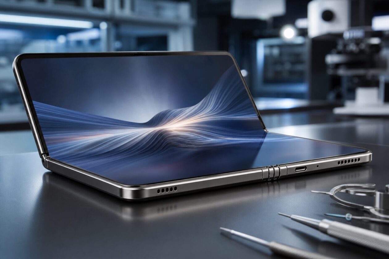 Imagem editorial gerada para a pauta: Samsung detalha tecnologia Flex Titanium para telas dobráveis com menos vinco