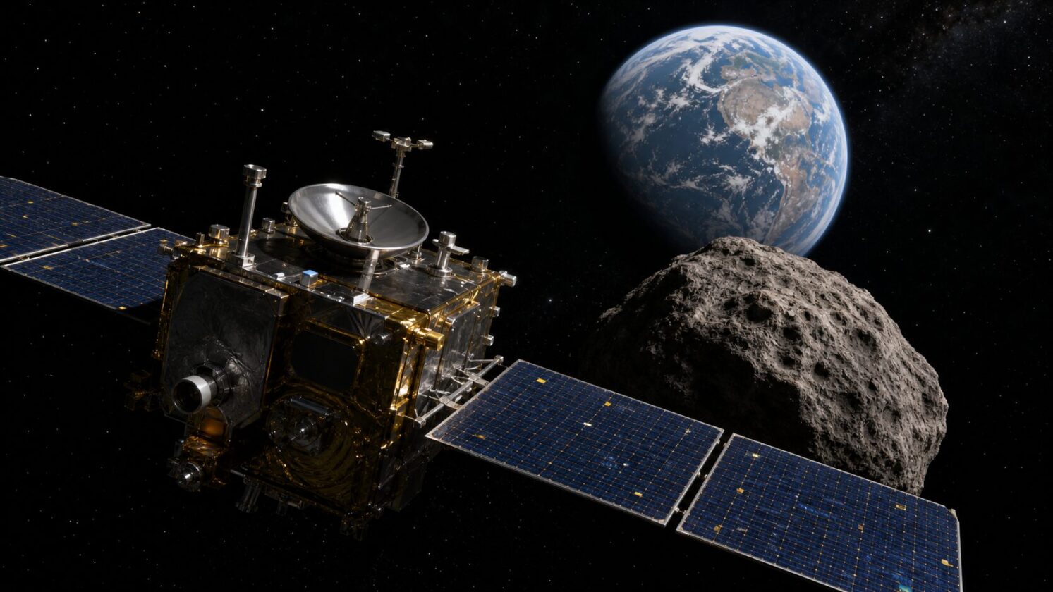Imagem editorial gerada para a pauta: Sonda Tianwen-2, da China, se encontra com quase-lua da Terra e mira coleta de amostras