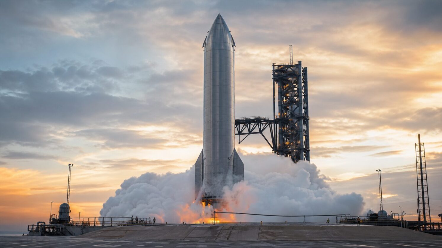 Imagem editorial para a matéria: SpaceX aborta tentativa de lançamento da Starship V3 logo após ignição