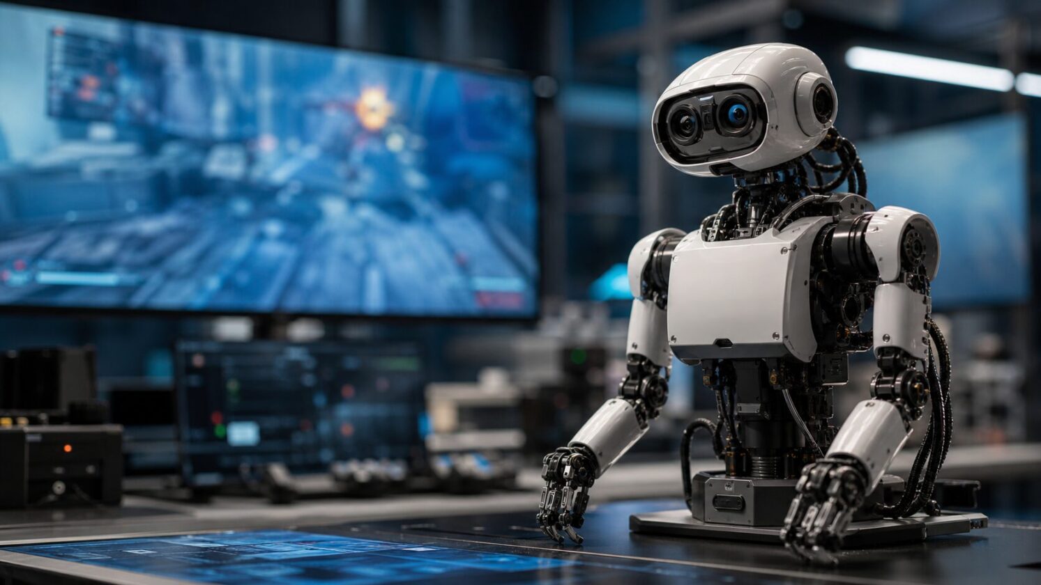 Imagem editorial gerada para a pauta: Startup aposta que dados de videogame podem treinar modelos-base para robôs