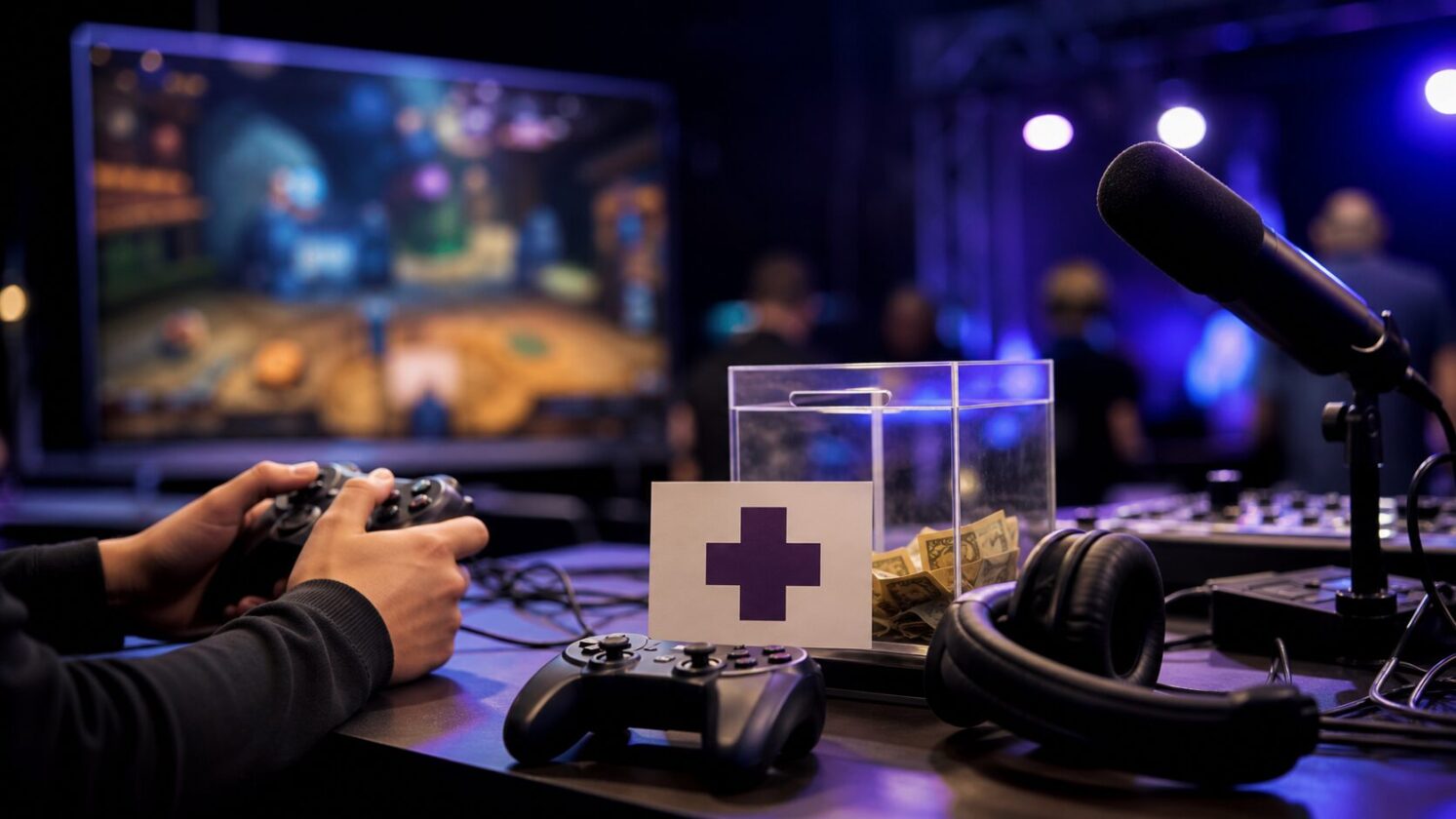 Imagem editorial gerada para a pauta: Summer Games Done Quick arrecada mais de US$ 2 milhões para Médicos Sem Fronteiras