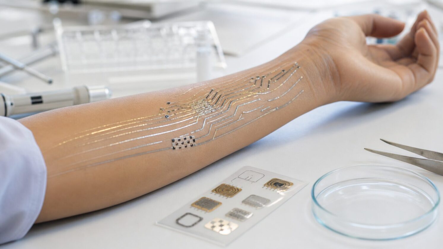 Imagem editorial gerada para a pauta: Tatuagens eletrônicas pintadas podem apontar futuro dos biossensores vestíveis