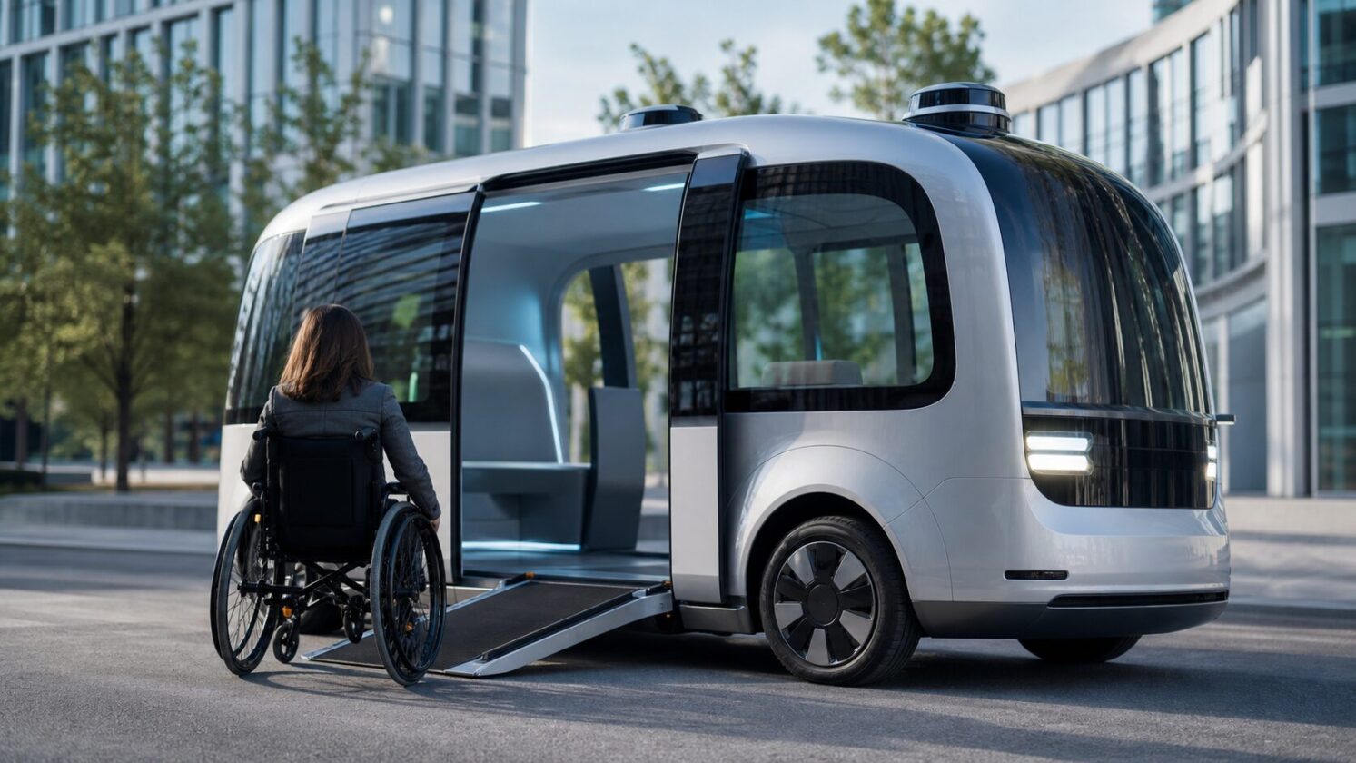Imagem editorial gerada para a pauta: Tesla diz estar desenvolvendo robotáxi acessível para cadeirantes