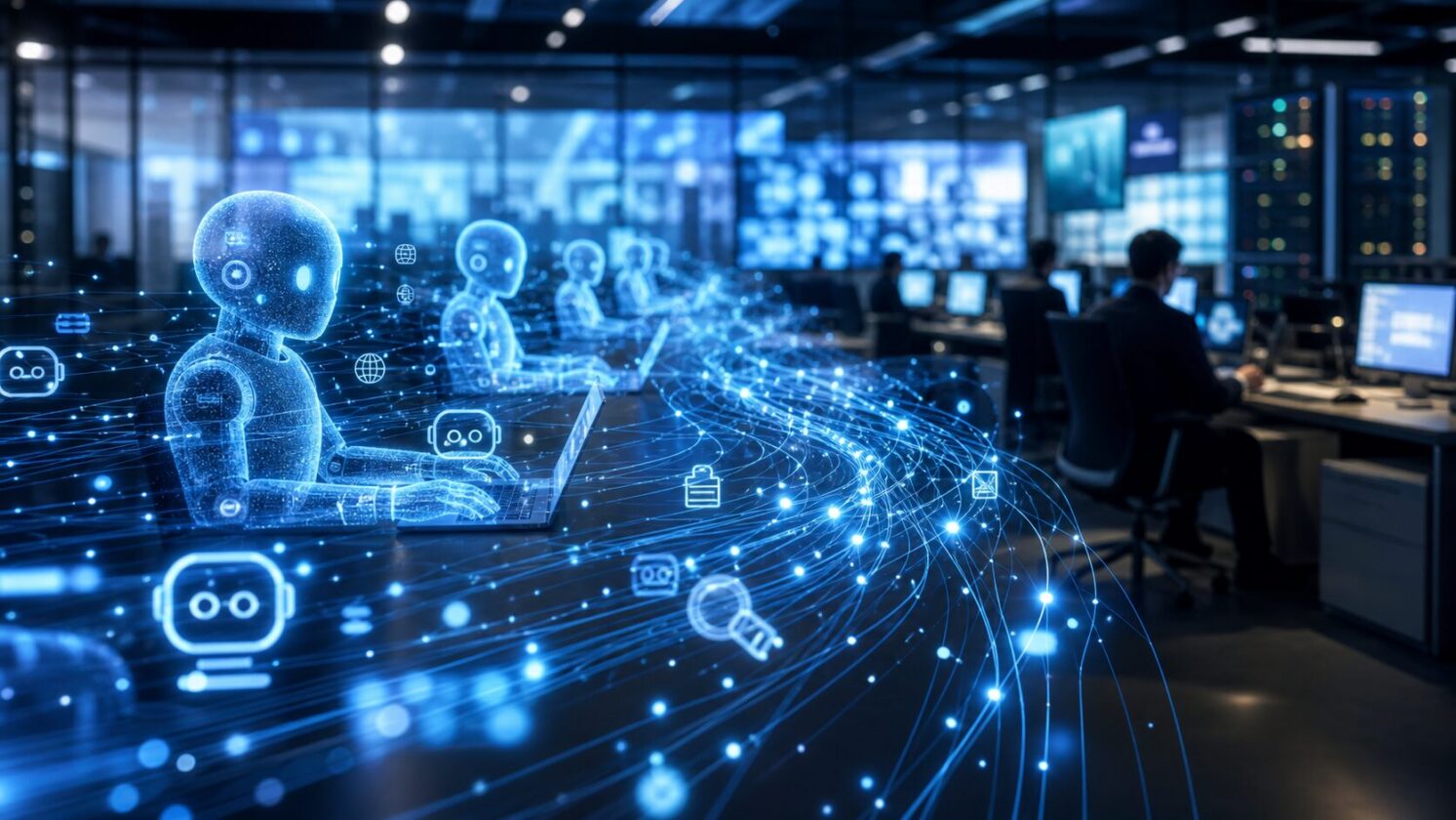 Imagem editorial gerada para a pauta: The Register: bots já usam mais a web do que pessoas e mudam a lógica da internet