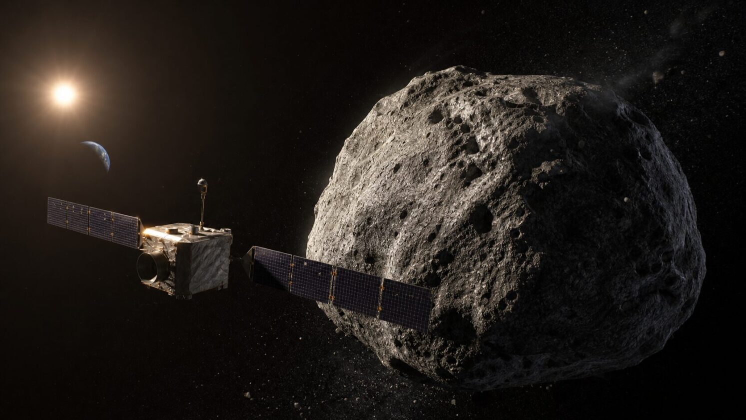 Imagem editorial gerada para a pauta: Tianwen-2 chega ao asteroide alvo em nova etapa da missão chinesa