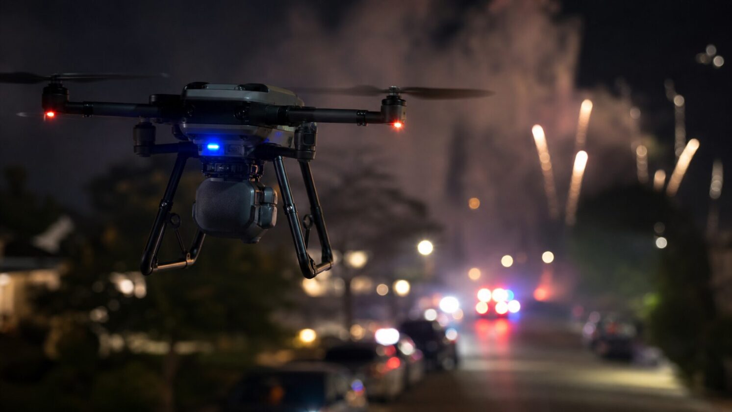 Imagem editorial gerada para a pauta: Uso de drones para fiscalizar fogos ilegais nos EUA resulta em multa de US$ 100 mil
