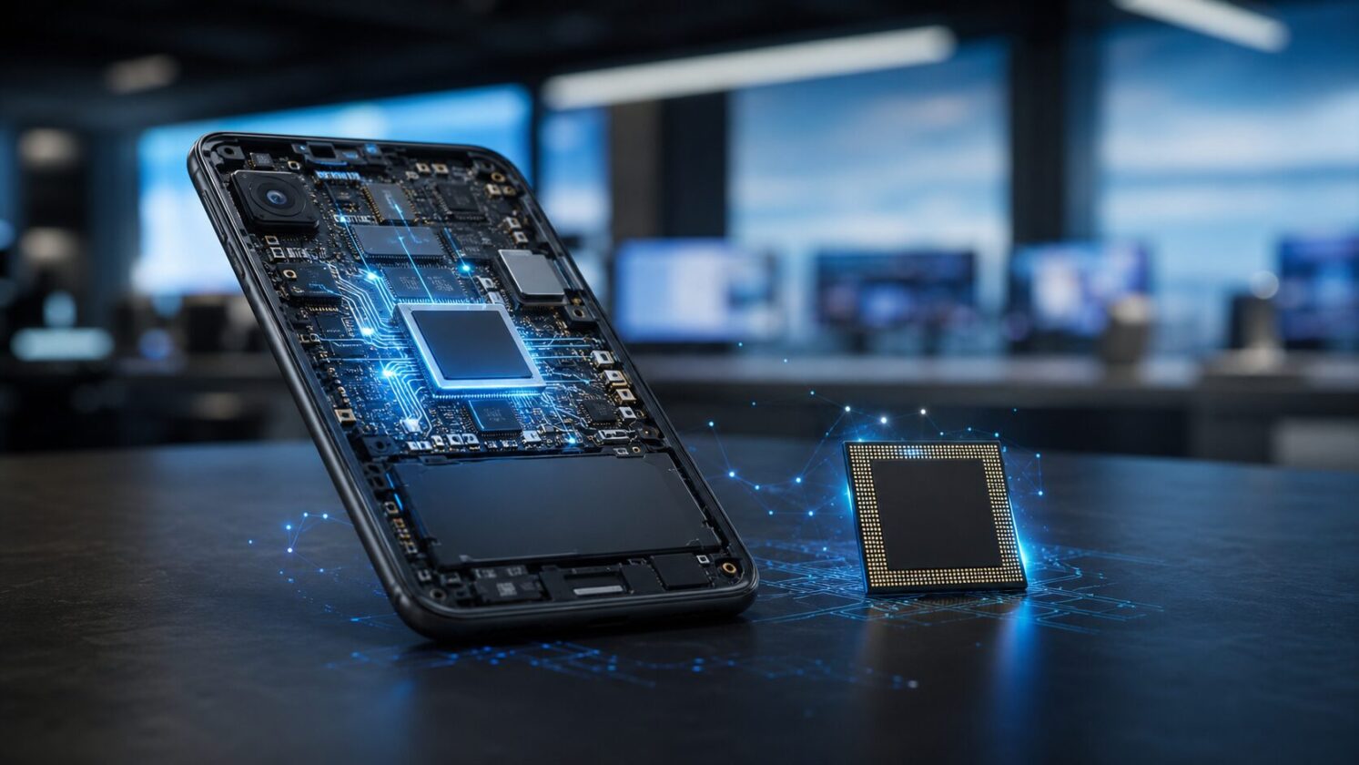 Imagem editorial para a matéria: Vazamento aponta Snapdragon inédito com foco em IA local para celulares mais acessíveis