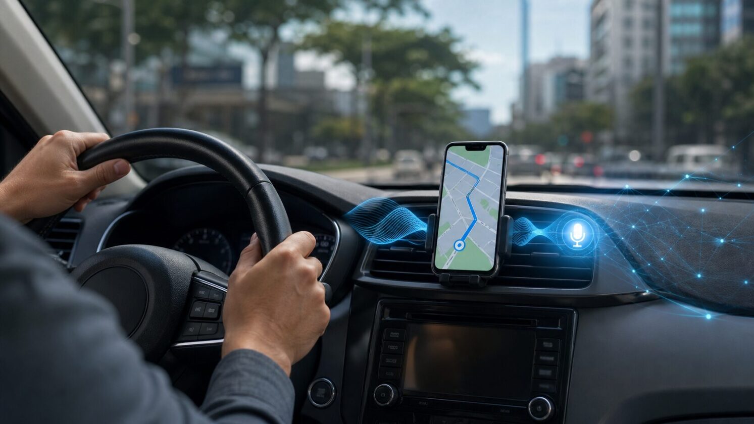 Imagem editorial gerada para a pauta: Waze integra Gemini em novos recursos de voz e personalização de rotas
