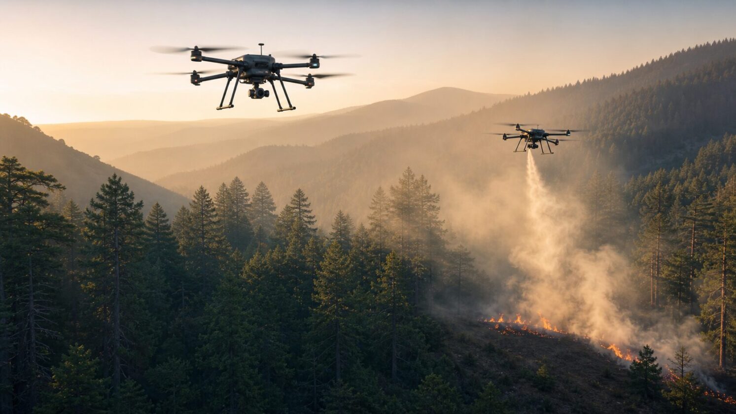Imagem editorial para a matéria: XPRIZE testa drones autônomos para detectar e combater incêndios florestais no início