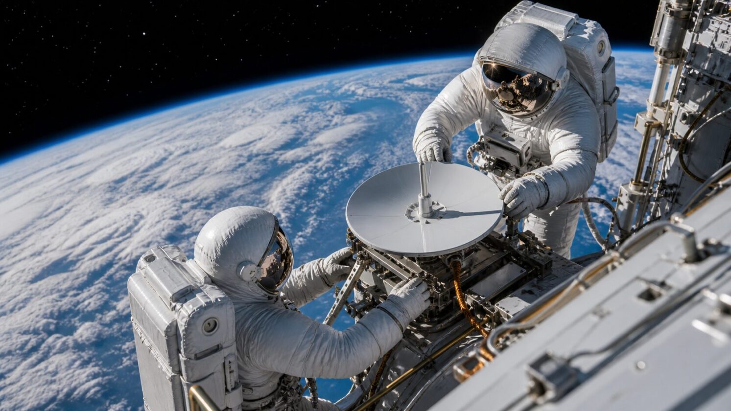 Imagem editorial para a matéria: Astronautas da NASA e da ESA concluem instalação de antena na ISS