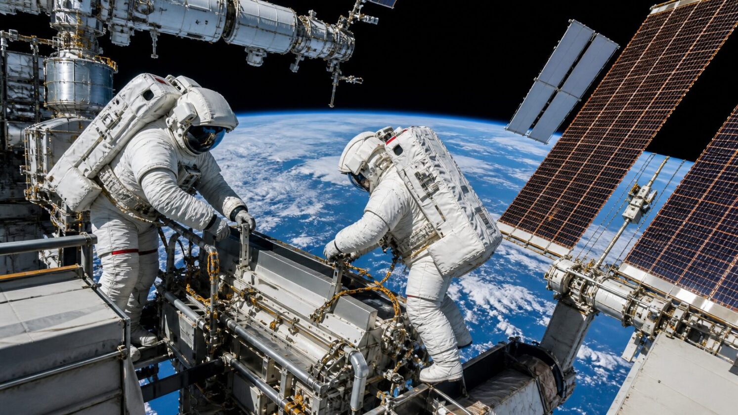 Imagem editorial para a matéria: Astronautas da NASA iniciam caminhada espacial para preparar novos painéis solares da ISS