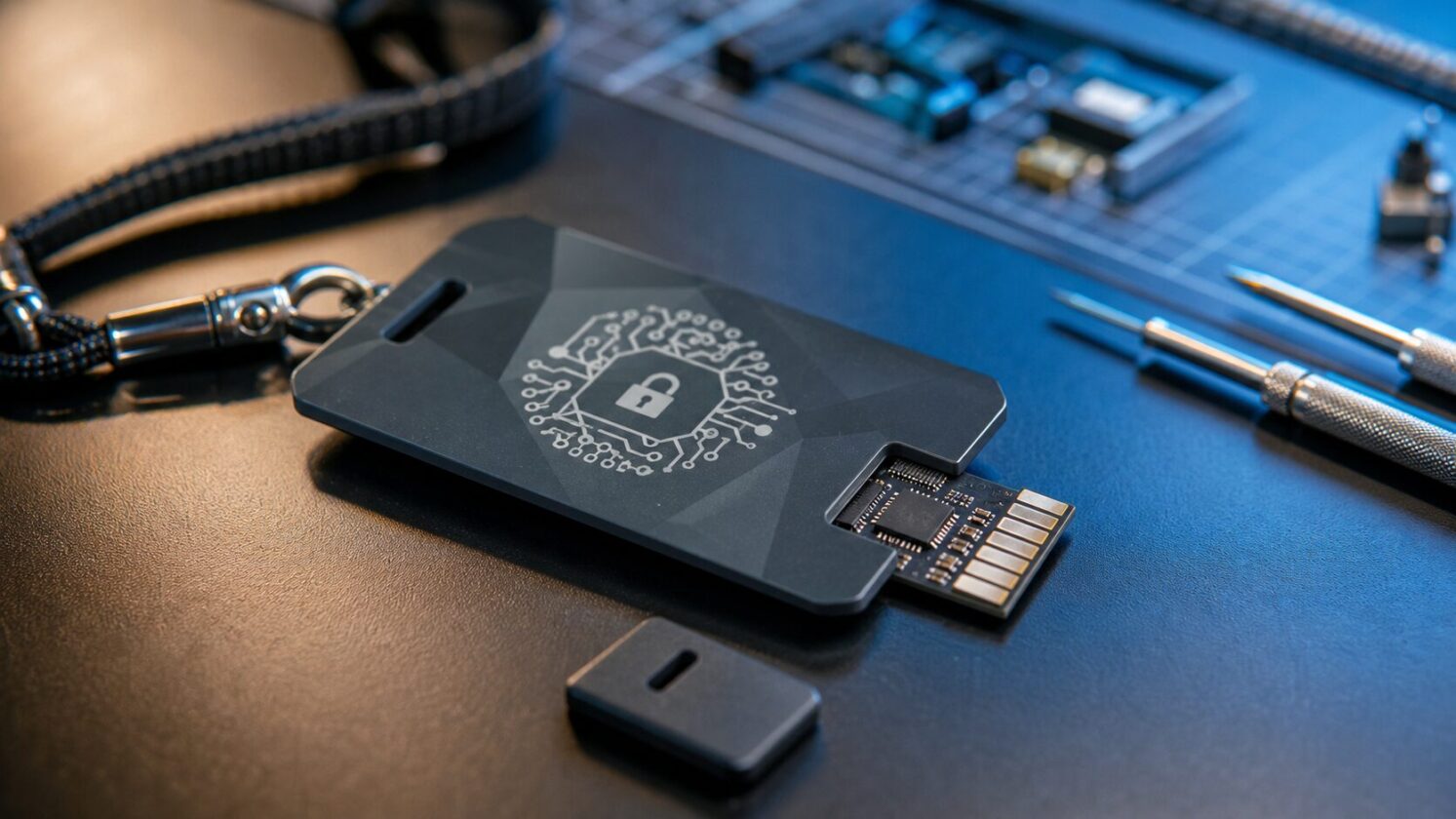 Imagem editorial para a matéria: Badge da Defcon funciona como chave de segurança com chip removível e inspecionável