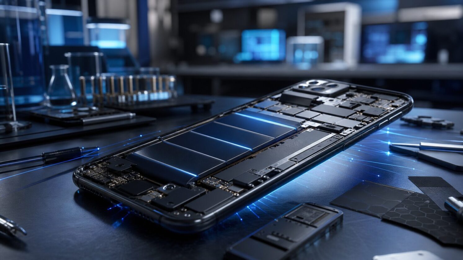 Imagem editorial para a matéria: Baterias de silício-carbono avançam nos celulares e entram no radar das grandes marcas