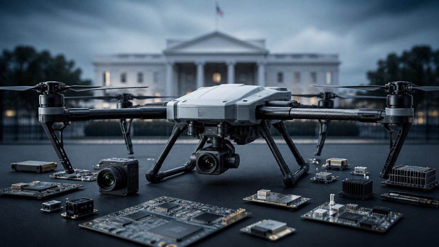 Imagem editorial para a matéria: Casa Branca anuncia tarifas de até 100% sobre drones e componentes