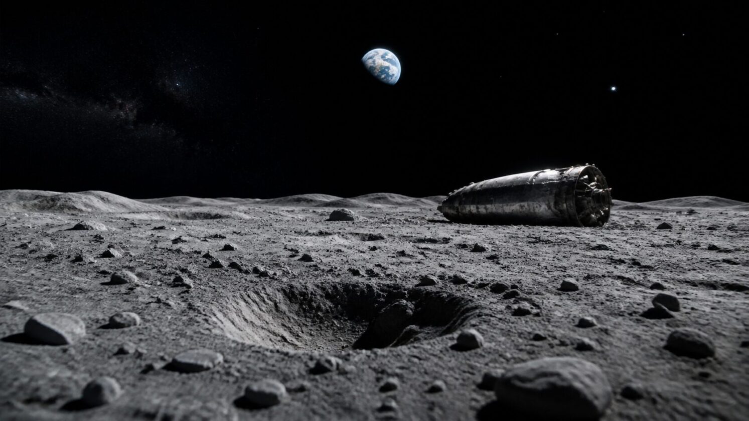 Imagem editorial para a matéria: Cientistas identificam sinais compatíveis com impacto de foguete Falcon 9 na Lua