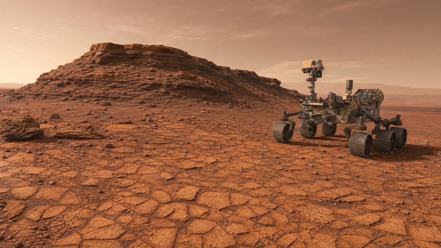 Imagem editorial para a matéria: Curiosity encontra formações em padrão de favo de mel durante exploração em Marte