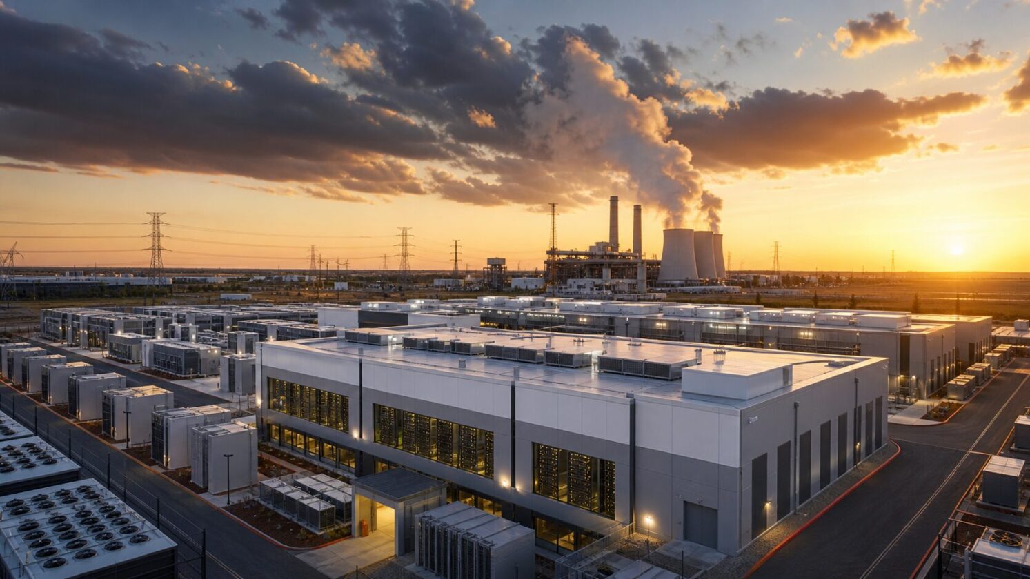 Imagem editorial para a matéria: Data center planejado pela Amazon reacende debate sobre energia e emissões da IA