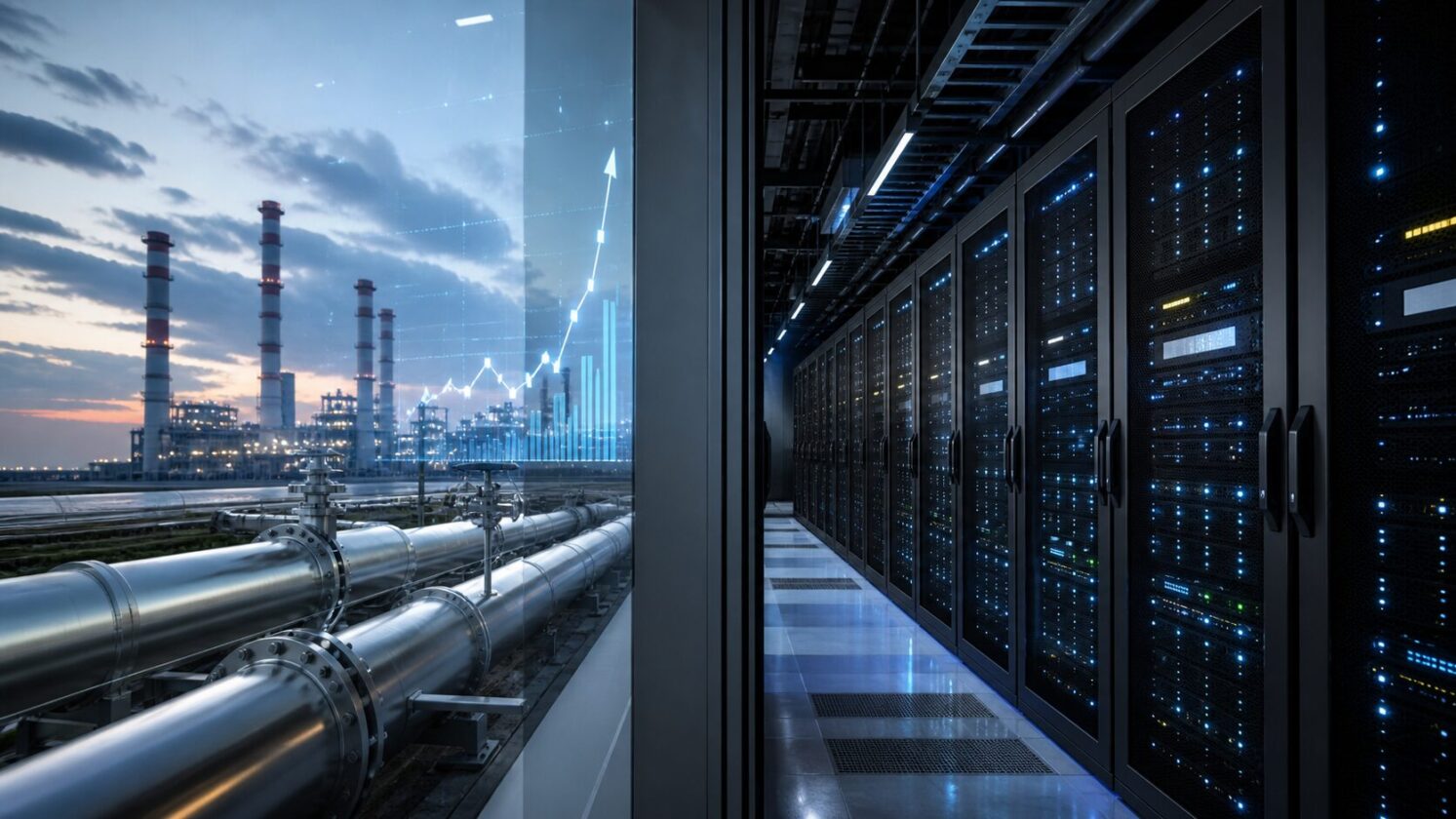 Imagem editorial para a matéria: Data centers de IA podem ficar mais caros se previsão para gás natural se confirmar