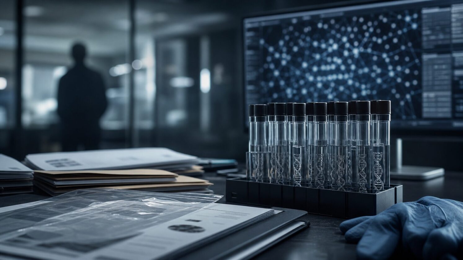 Imagem editorial para a matéria: Documentos indicam que ICE coletou DNA de quase 1 milhão de pessoas em um ano nos EUA