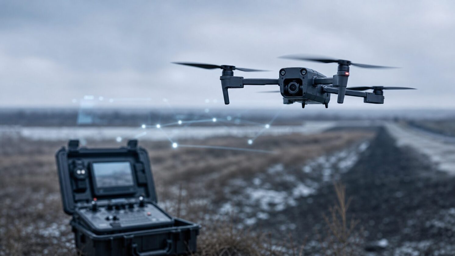 Imagem editorial para a matéria: Drones ucranianos passam a usar IA para rastrear alvos com menos dependência do operador
