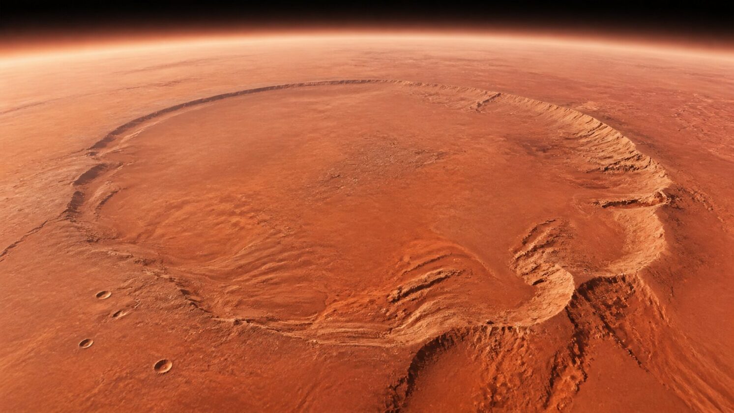 Imagem editorial para a matéria: ESA mostra sobrevoo em 3D da cratera Schiaparelli em Marte
