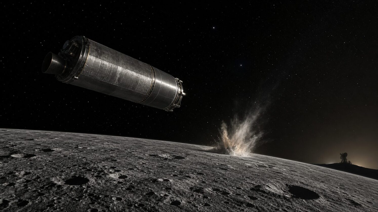 Imagem editorial para a matéria: Estágio do Falcon 9, da SpaceX, deve atingir a Lua e gerar pluma visível por telescópios