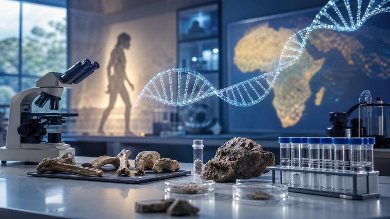 Imagem editorial para a matéria: Estudo aponta que linhagem humana ‘fantasma’ na África deixou marcas no DNA atual